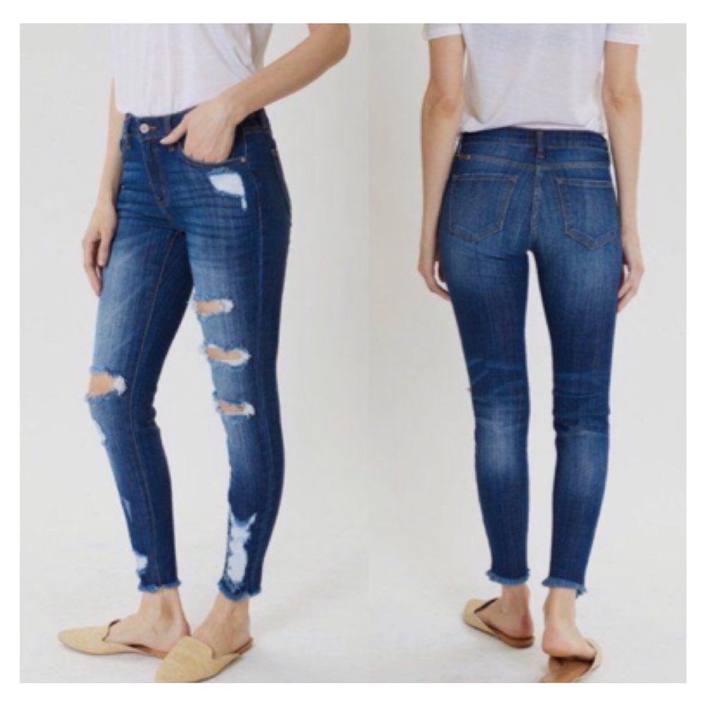 KanCan Mid Rise Dark Ankle Skinny Jeans Size 11/29 Frayed Ripped Holes Stretch